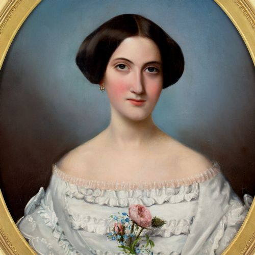 ADLE KINDT PORTRAIT OF A LADY WITH ROSES FORGETMENOTS ANTIQUE OIL PAINTING - ADDITIONAL PHOTO 6
