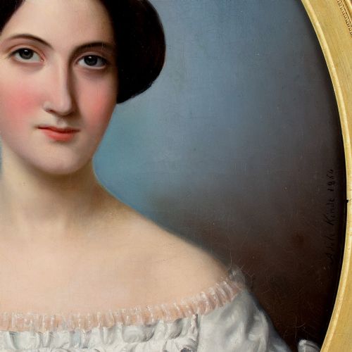 ADLE KINDT PORTRAIT OF A LADY WITH ROSES FORGETMENOTS ANTIQUE OIL PAINTING - ADDITIONAL PHOTO 7