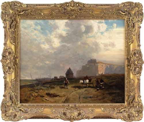eugenie dillmann coastal scene with cart figures oil painting - CATEGORY: ANTIQUE ART - DATED 1930