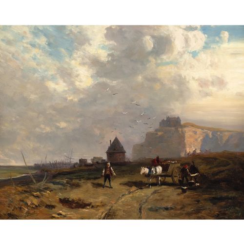 EUGENIE DILLMANN COASTAL SCENE WITH CART FIGURES OIL PAINTING - ADDITIONAL PHOTO 5