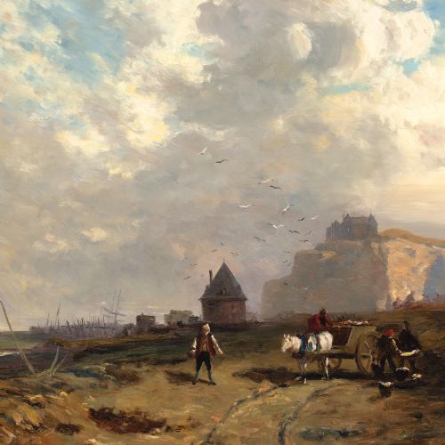 EUGENIE DILLMANN COASTAL SCENE WITH CART FIGURES OIL PAINTING - ADDITIONAL PHOTO 6