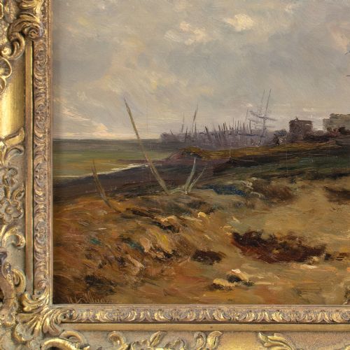 EUGENIE DILLMANN COASTAL SCENE WITH CART FIGURES OIL PAINTING - ADDITIONAL PHOTO 7