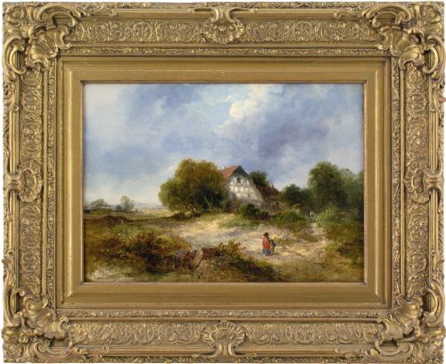 james edward meadows rural scene with cottage antique oil painting - CATEGORY: ANTIQUE ART - DATED 1870