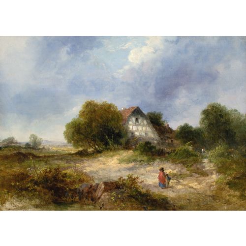 JAMES EDWARD MEADOWS RURAL SCENE WITH COTTAGE ANTIQUE OIL PAINTING - ADDITIONAL PHOTO 1