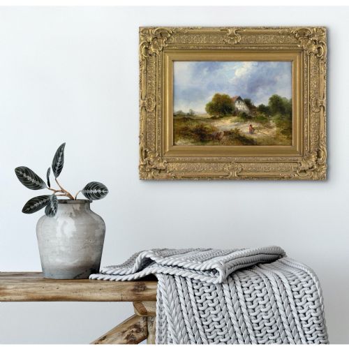 JAMES EDWARD MEADOWS RURAL SCENE WITH COTTAGE ANTIQUE OIL PAINTING - ADDITIONAL PHOTO 3