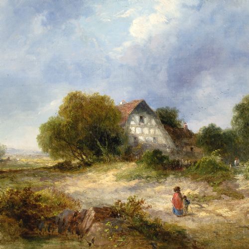JAMES EDWARD MEADOWS RURAL SCENE WITH COTTAGE ANTIQUE OIL PAINTING - ADDITIONAL PHOTO 4