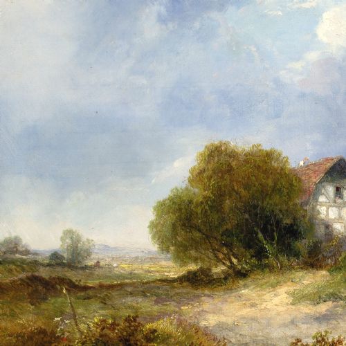 JAMES EDWARD MEADOWS RURAL SCENE WITH COTTAGE ANTIQUE OIL PAINTING - ADDITIONAL PHOTO 5