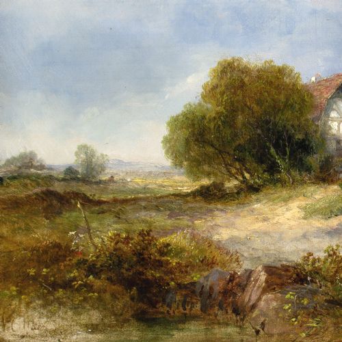 JAMES EDWARD MEADOWS RURAL SCENE WITH COTTAGE ANTIQUE OIL PAINTING - ADDITIONAL PHOTO 7