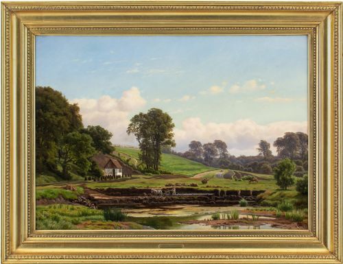 carsten henrichsen summer landscape with figure harvesting peat antique oil painting - CATEGORY: ANTIQUE ART - DATED 1870