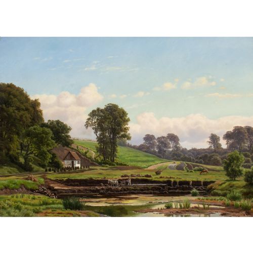 CARSTEN HENRICHSEN SUMMER LANDSCAPE WITH FIGURE HARVESTING PEAT ANTIQUE OIL PAINTING - ADDITIONAL PHOTO 1