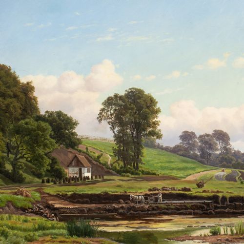 CARSTEN HENRICHSEN SUMMER LANDSCAPE WITH FIGURE HARVESTING PEAT ANTIQUE OIL PAINTING - ADDITIONAL PHOTO 4
