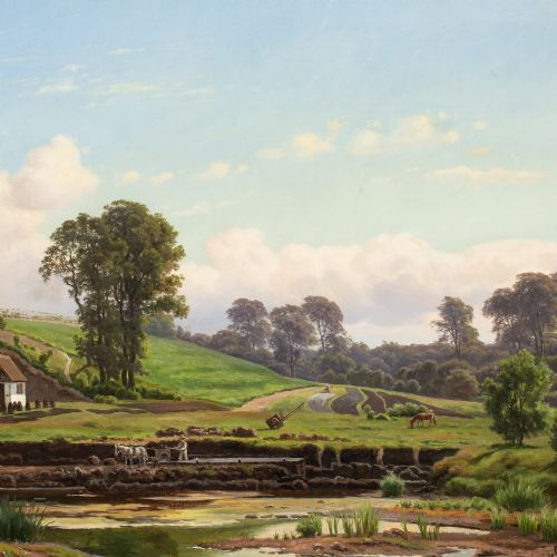 CARSTEN HENRICHSEN SUMMER LANDSCAPE WITH FIGURE HARVESTING PEAT ANTIQUE OIL PAINTING - ADDITIONAL PHOTO 5