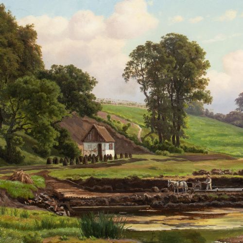 CARSTEN HENRICHSEN SUMMER LANDSCAPE WITH FIGURE HARVESTING PEAT ANTIQUE OIL PAINTING - ADDITIONAL PHOTO 6