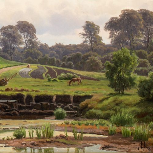 CARSTEN HENRICHSEN SUMMER LANDSCAPE WITH FIGURE HARVESTING PEAT ANTIQUE OIL PAINTING - ADDITIONAL PHOTO 7