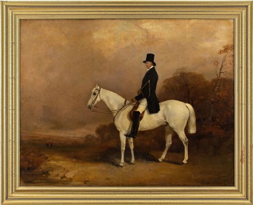 thomas walker bretland attributed portrait of a field master on a grey hunter in a landscape antique oil painting - CATEGORY: ANTIQUE ART - DATED 19TH CENTURY