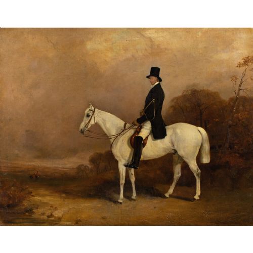 THOMAS WALKER BRETLAND ATTRIBUTED PORTRAIT OF A FIELD MASTER ON A GREY HUNTER IN A LANDSCAPE ANTIQUE OIL PAINTING - ADDITIONAL PHOTO 1