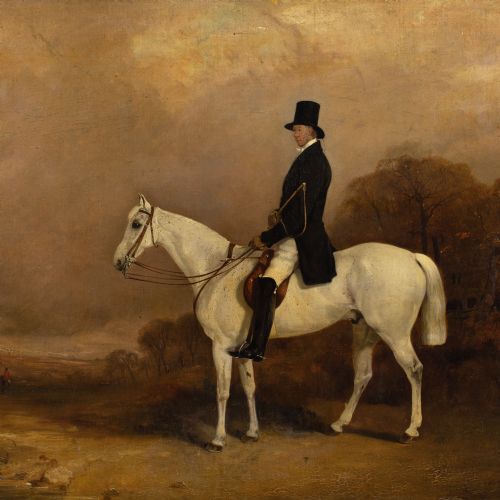THOMAS WALKER BRETLAND ATTRIBUTED PORTRAIT OF A FIELD MASTER ON A GREY HUNTER IN A LANDSCAPE ANTIQUE OIL PAINTING - ADDITIONAL PHOTO 4