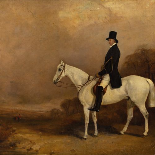 THOMAS WALKER BRETLAND ATTRIBUTED PORTRAIT OF A FIELD MASTER ON A GREY HUNTER IN A LANDSCAPE ANTIQUE OIL PAINTING - ADDITIONAL PHOTO 5