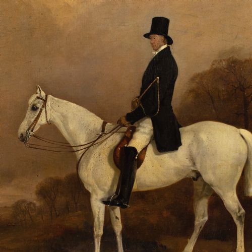 THOMAS WALKER BRETLAND ATTRIBUTED PORTRAIT OF A FIELD MASTER ON A GREY HUNTER IN A LANDSCAPE ANTIQUE OIL PAINTING - ADDITIONAL PHOTO 6