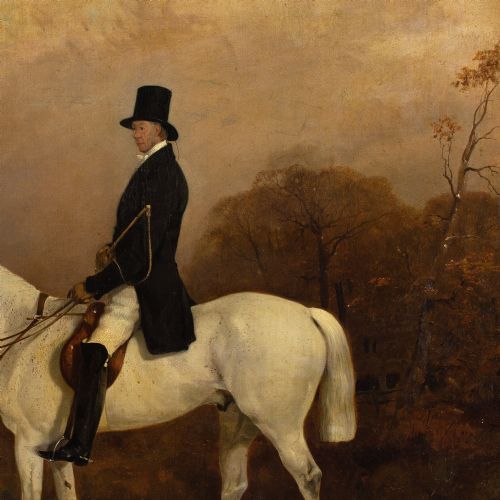 THOMAS WALKER BRETLAND ATTRIBUTED PORTRAIT OF A FIELD MASTER ON A GREY HUNTER IN A LANDSCAPE ANTIQUE OIL PAINTING - ADDITIONAL PHOTO 7