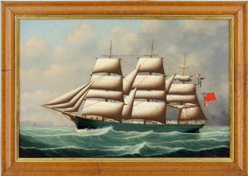 henry loos portrait of a threemasted full rigged british ship antique oil painting - CATEGORY: ANTIQUE ART - DATED 1870