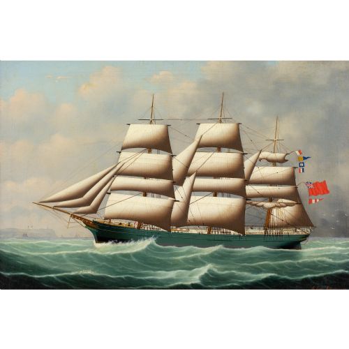HENRY LOOS PORTRAIT OF A THREEMASTED FULL RIGGED BRITISH SHIP ANTIQUE OIL PAINTING - ADDITIONAL PHOTO 1