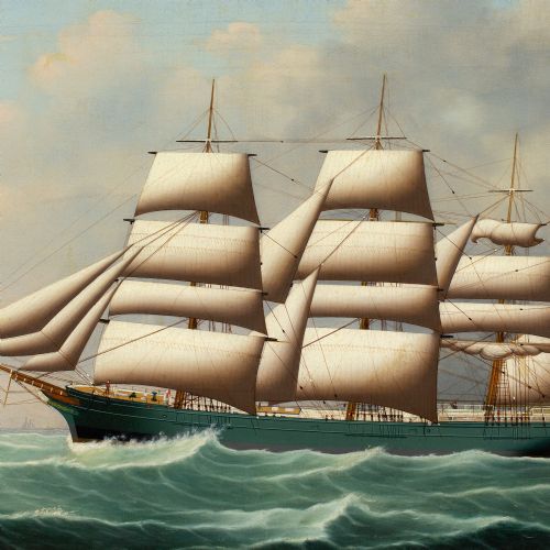 HENRY LOOS PORTRAIT OF A THREEMASTED FULL RIGGED BRITISH SHIP ANTIQUE OIL PAINTING - ADDITIONAL PHOTO 3