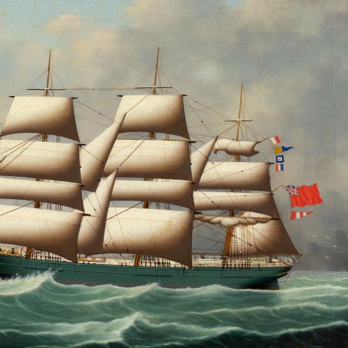 HENRY LOOS PORTRAIT OF A THREEMASTED FULL RIGGED BRITISH SHIP ANTIQUE OIL PAINTING - ADDITIONAL PHOTO 6