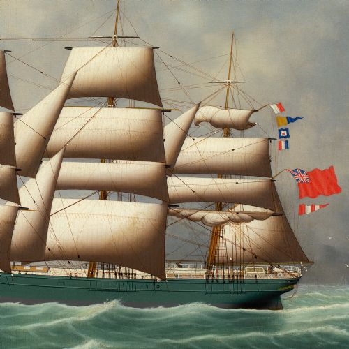 HENRY LOOS PORTRAIT OF A THREEMASTED FULL RIGGED BRITISH SHIP ANTIQUE OIL PAINTING - ADDITIONAL PHOTO 8