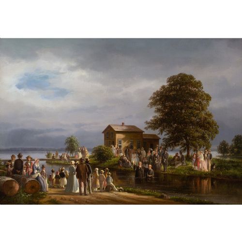 JOACHIM FERDINAND RICHARDT RIVER BAPTISM ANTIQUE OIL PAINTING - ADDITIONAL PHOTO 4