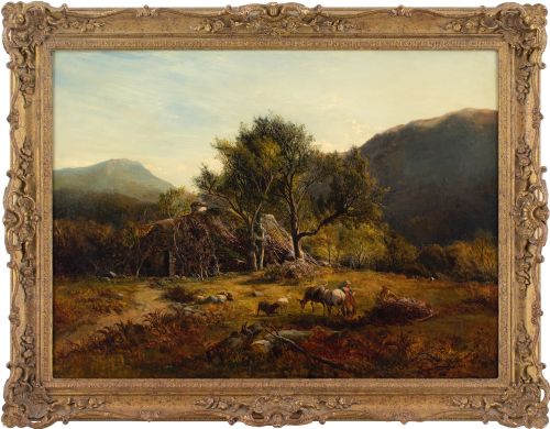 alfred walter williams welsh landscape with figures dragging bracken antique oil painting - CATEGORY: ANTIQUE ART - DATED 19TH CENTURY
