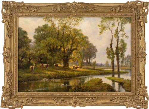 alfred augustus glendening sunlit river landscape with cattle ducks antique oil painting - CATEGORY: ANTIQUE ART - DATED 1890