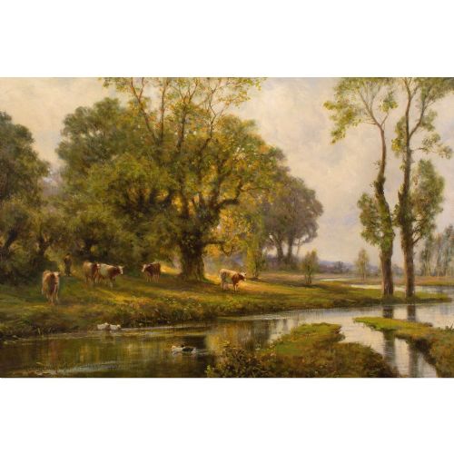 ALFRED AUGUSTUS GLENDENING SUNLIT RIVER LANDSCAPE WITH CATTLE DUCKS ANTIQUE OIL PAINTING - ADDITIONAL PHOTO 1