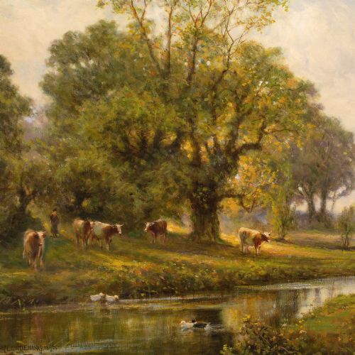 ALFRED AUGUSTUS GLENDENING SUNLIT RIVER LANDSCAPE WITH CATTLE DUCKS ANTIQUE OIL PAINTING - ADDITIONAL PHOTO 4