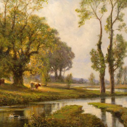 ALFRED AUGUSTUS GLENDENING SUNLIT RIVER LANDSCAPE WITH CATTLE DUCKS ANTIQUE OIL PAINTING - ADDITIONAL PHOTO 5