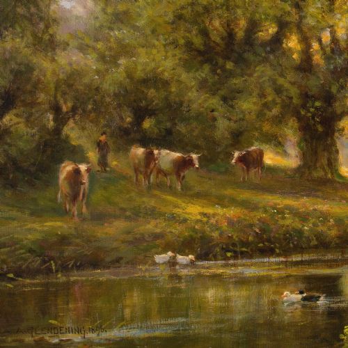 ALFRED AUGUSTUS GLENDENING SUNLIT RIVER LANDSCAPE WITH CATTLE DUCKS ANTIQUE OIL PAINTING - ADDITIONAL PHOTO 7