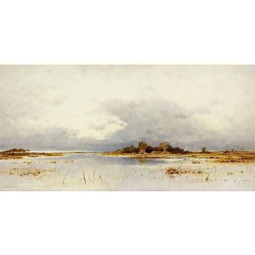 KARL HEFFNER FLOODED LANDSCAPE IN AUTUMN ANTIQUE OIL PAINTING - ADDITIONAL PHOTO 1