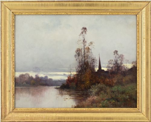 eugne galienlaloue river landscape with church antique oil painting - CATEGORY: ANTIQUE ART - DATED 1910