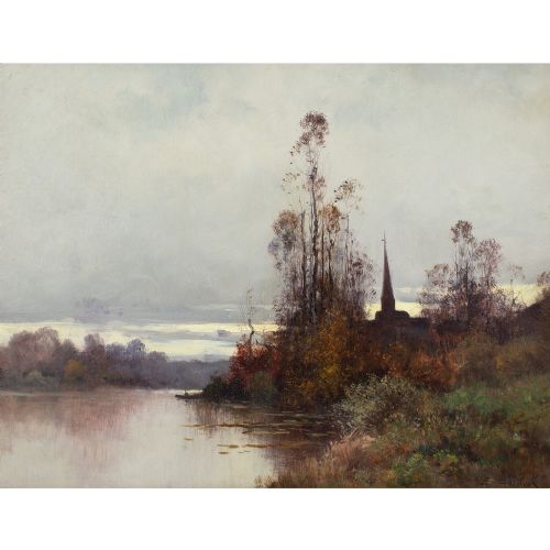 EUGNE GALIENLALOUE RIVER LANDSCAPE WITH CHURCH ANTIQUE OIL PAINTING - ADDITIONAL PHOTO 1