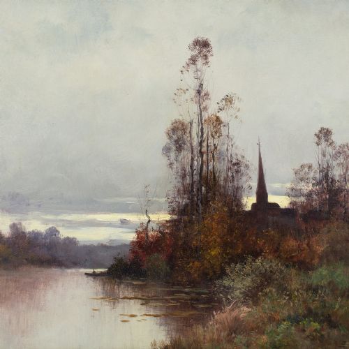 EUGNE GALIENLALOUE RIVER LANDSCAPE WITH CHURCH ANTIQUE OIL PAINTING - ADDITIONAL PHOTO 4