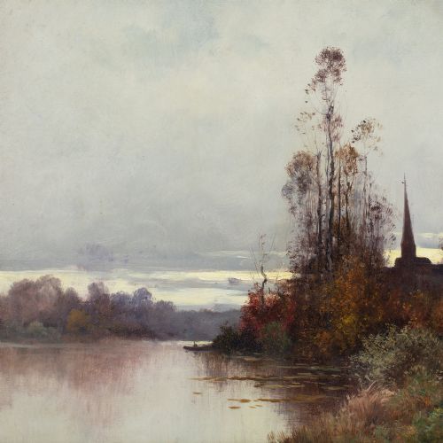 EUGNE GALIENLALOUE RIVER LANDSCAPE WITH CHURCH ANTIQUE OIL PAINTING - ADDITIONAL PHOTO 6