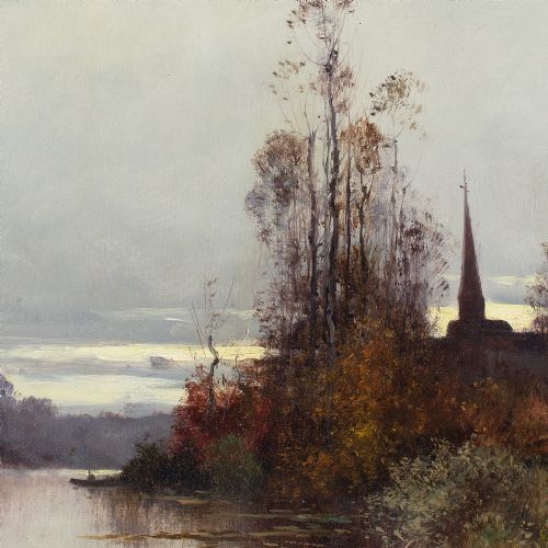EUGNE GALIENLALOUE RIVER LANDSCAPE WITH CHURCH ANTIQUE OIL PAINTING - ADDITIONAL PHOTO 7