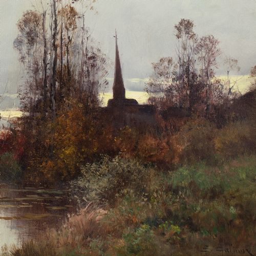 EUGNE GALIENLALOUE RIVER LANDSCAPE WITH CHURCH ANTIQUE OIL PAINTING - ADDITIONAL PHOTO 8