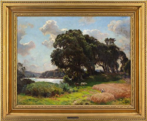 viggo pedersen landscape with oak trees lake horses antique oil painting - CATEGORY: ANTIQUE ART - DATED 1920