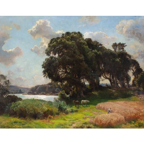 VIGGO PEDERSEN LANDSCAPE WITH OAK TREES LAKE HORSES ANTIQUE OIL PAINTING - ADDITIONAL PHOTO 1