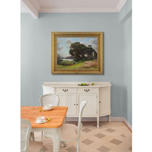 VIGGO PEDERSEN LANDSCAPE WITH OAK TREES LAKE HORSES ANTIQUE OIL PAINTING - ADDITIONAL PHOTO 3