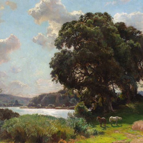 VIGGO PEDERSEN LANDSCAPE WITH OAK TREES LAKE HORSES ANTIQUE OIL PAINTING - ADDITIONAL PHOTO 4