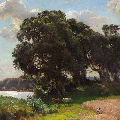 VIGGO PEDERSEN LANDSCAPE WITH OAK TREES LAKE HORSES ANTIQUE OIL PAINTING - ADDITIONAL PHOTO 5