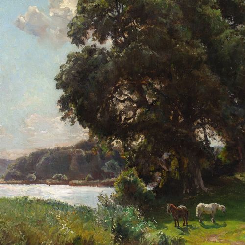 VIGGO PEDERSEN LANDSCAPE WITH OAK TREES LAKE HORSES ANTIQUE OIL PAINTING - ADDITIONAL PHOTO 6