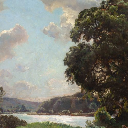 VIGGO PEDERSEN LANDSCAPE WITH OAK TREES LAKE HORSES ANTIQUE OIL PAINTING - ADDITIONAL PHOTO 7